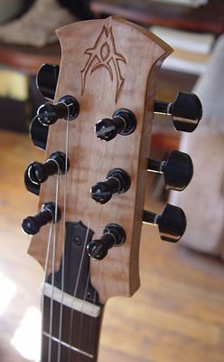 front view front headstock of a custom commisioned sitka spruce electric guitar made by michael mccarten